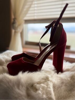 Forever 21 Burgundy Velvet Platform Heels with Ankle buckle